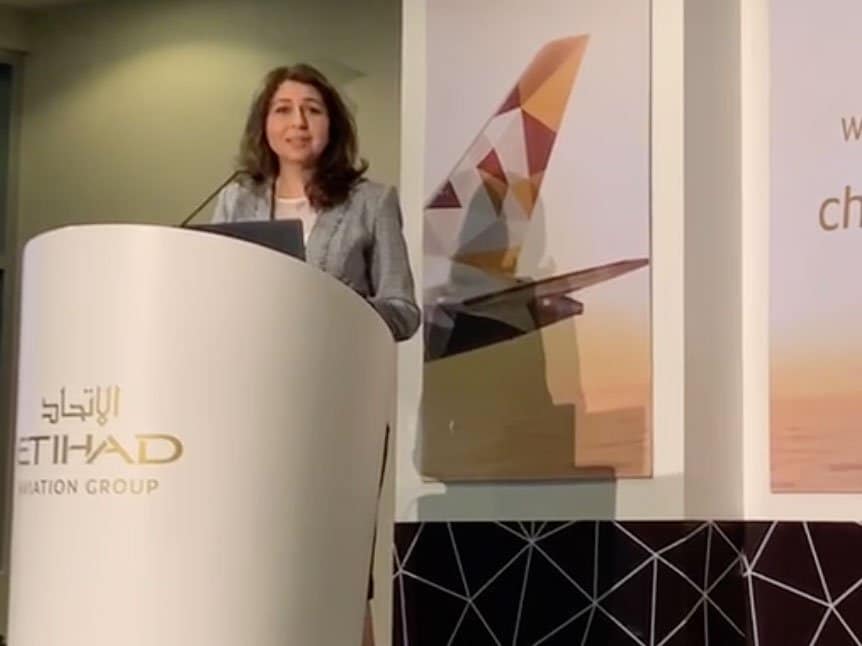 Donia giving a speech at a leadership Development conference for Etihad Airways